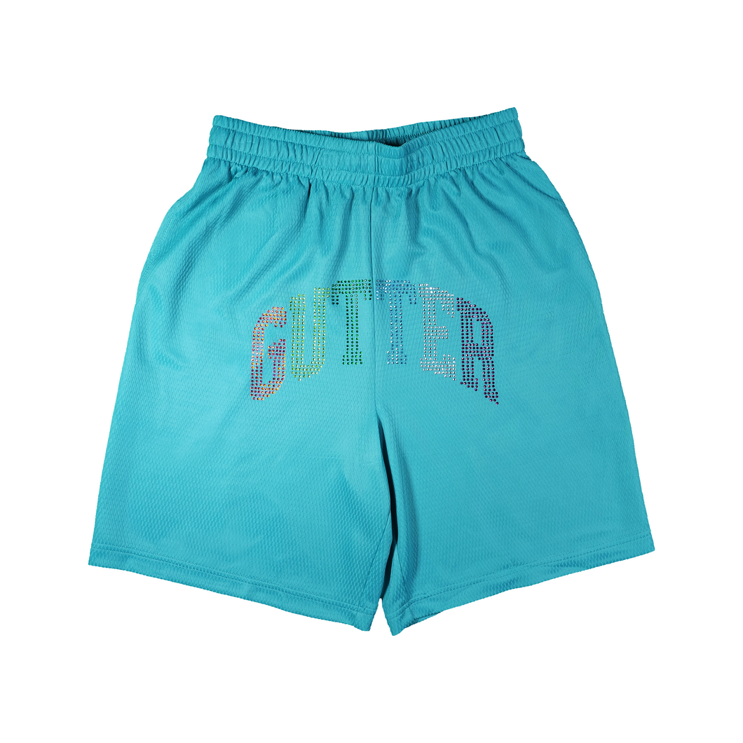 Rhinestone Arc Mesh Shorts (Skittles Edition) - Teal