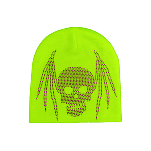 Rhinestone Skullbat Beanie - Neon Green