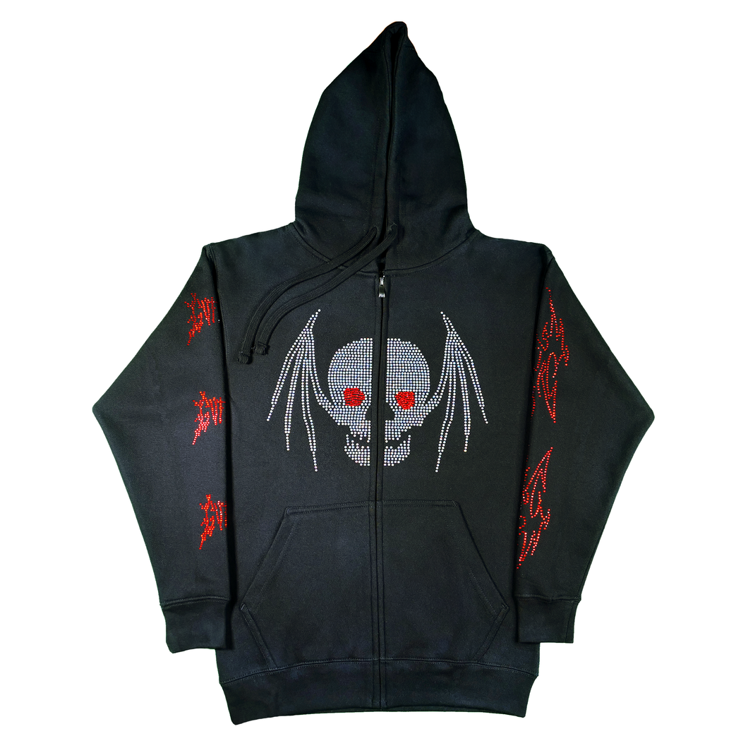 Gutter Skullbat Rhinestone Zip Up Hoodie - Black