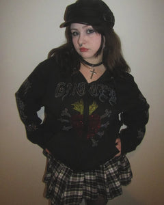 Immaculate Heart Rhinestone Zip Up Hoodie - Black