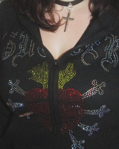 Immaculate Heart Rhinestone Zip Up Hoodie - Black