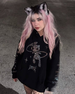 Rhinestone Mew Hoodie - Black